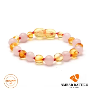 Pulseira / tornozeleira de âmbar bebê premium barroco limão e quartzo rosa polido - 14 cm